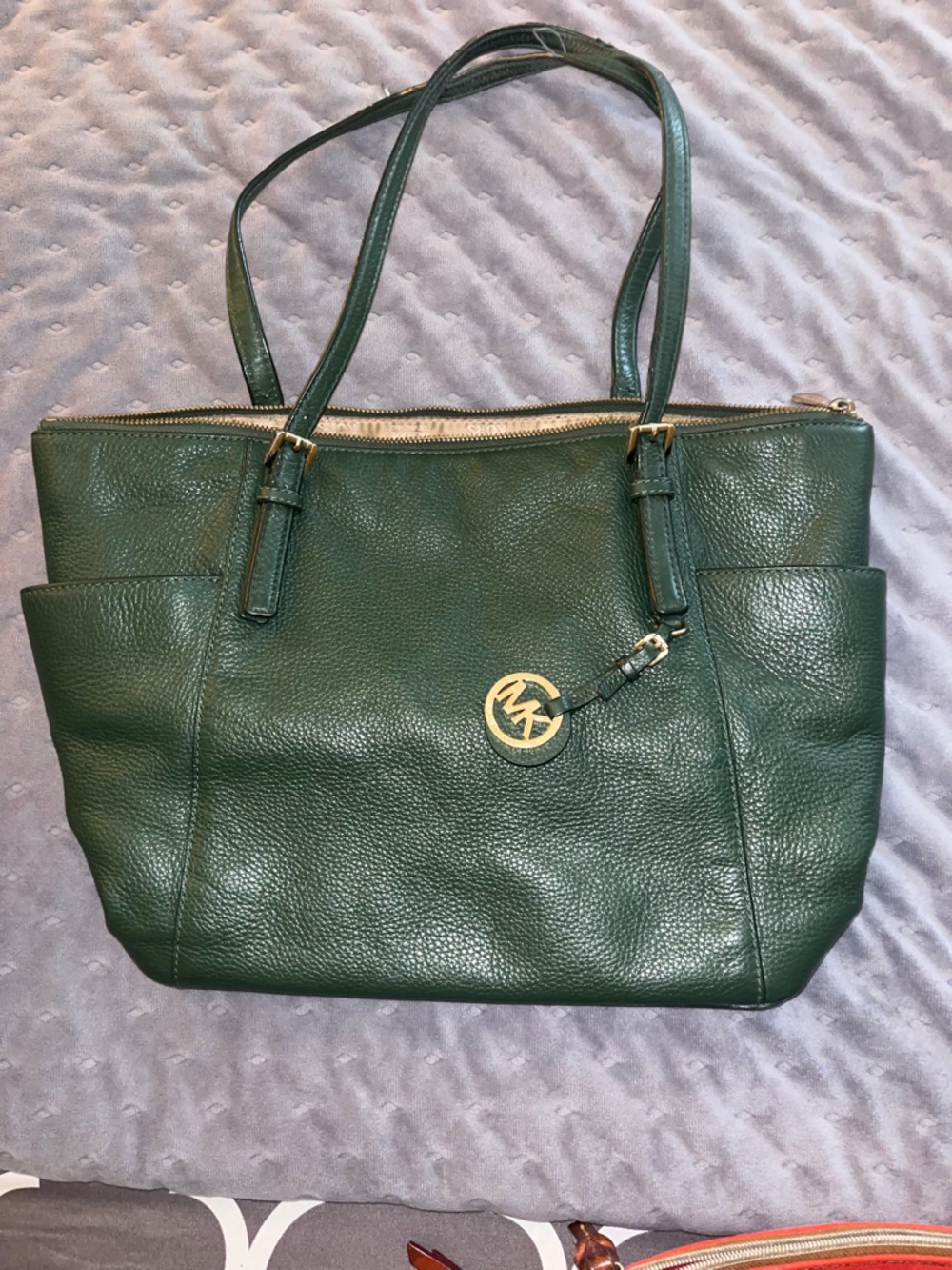 Michael Kors Dark Green Pebbled Leather Shoulder Bag with Gold MK Logo